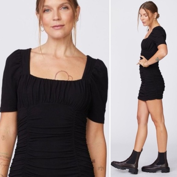 Monrow Shirred Mini Dress, Black, size L NWT - Picture 2 of 7